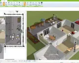 Grundriss eines alten Bauernhauses in 3D-Ansicht. Der Grundriss zeigt Räume, Terrasse und Garten.