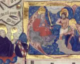 Detailreiche Buchmalerei Mittelalter: Gottvater mit Schwert, Christus, Maria und zwei Geistliche.