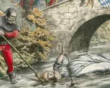 Eine Frau wird unter einer Brücke im Wasser gefesselt. Ein Mann mit Kapuze und roter Hose hält einen Stab. Dies ist eine Szene aus einer **Hexenverfolgung Karte**.