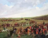 Festliche Menschenmenge und Pferde auf einer Wiese, die an das Oktoberfest 1810 erinnert.