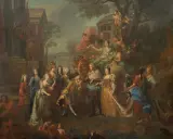Max Emanuel Herzog in Bayern, umgeben von Adeligen und allegorischen Figuren, in einer prunkvollen Szene vor einem Schloss.