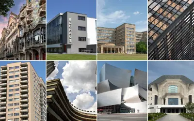 Collage zeigt verschiedene architektonische Stile, darunter Jugendstil und Bauhaus-Architektur der 1920er Jahre.