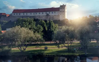 Schloss hinter Bäumen, ein Fluss im Vordergrund. Ein friedlicher Tag, wie ihn die Wettiner heute genießen könnten.