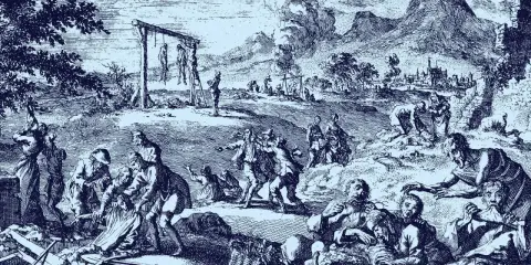 Eine düstere Szene zeigt die Verfolgung von Menschen, die als Hexen beschuldigt werden. Die Frage, wie viele Hexen wurden verbrannt, hallt in diesem Bild wider.