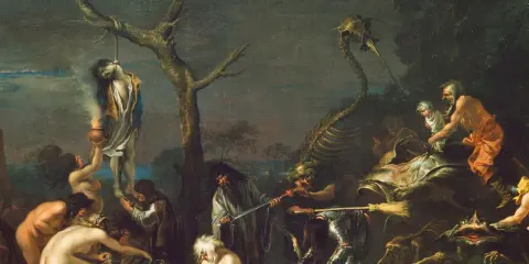 Szene der Hexenverfolgung: Eine Person hängt an einem Baum, während andere Hexen und Dämonen bei einem Ritual agieren.