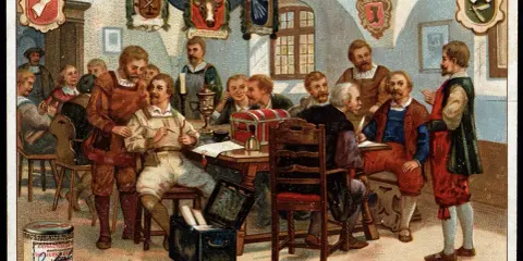 Männer in mittelalterlicher Kleidung, die über die Bedeutung von Zünften beraten. Sie repräsentieren verschiedene Handwerke wie Metzger, Gerber und Schneider.