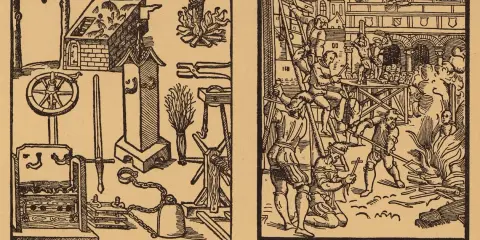 Ein **holzschnitt mittelalter** zeigt grausame Strafen: Folterwerkzeuge, ein Scheiterhaufen und Hinrichtungen.