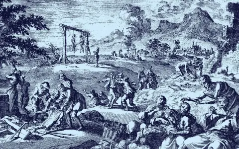 Eine düstere Szene zeigt die Verfolgung von Menschen, die als Hexen beschuldigt werden. Die Frage, wie viele Hexen wurden verbrannt, hallt in diesem Bild wider.