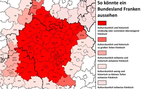 Karte von Franken mit farblich markierten Regionen und Legende.