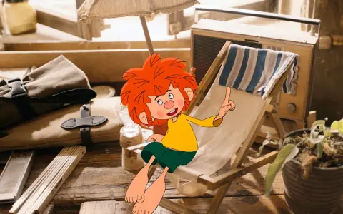 Der kleine Kobold Pumuckl sitzt auf einem Liegestuhl, die Sonne scheint. Ein altes Radio steht daneben.