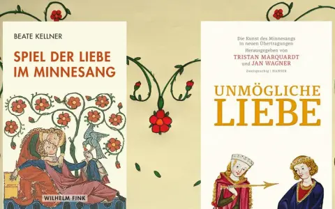 Zwei Bücher über den Minnesang im Mittelalter: "Spiel der Liebe im Minnesang" und "Unmögliche Liebe". Mittelalterliche Illustrationen schmücken die Buchcover.