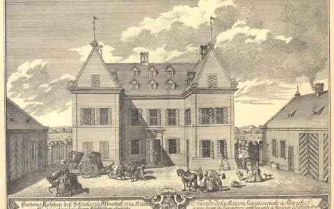 Ein Schloss mit Pferdekutschen und Menschen, das die Bedeutung von Patriziern als wohlhabende Bürger und Ratsherren Nürnbergs illustriert.