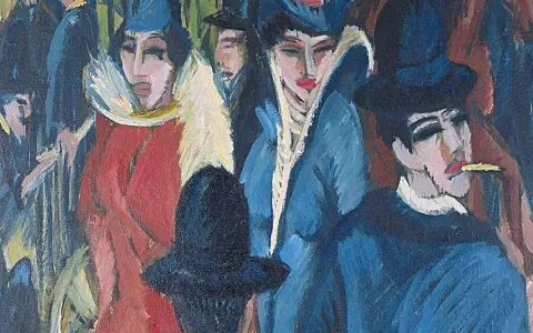 Expressionistisches Gemälde zeigt eine Gruppe von Menschen in modischer Kleidung. Ein Mann raucht, während Frauen mit auffälligen Hüten und Kragen posieren. Ein Werk, das die Debatte um ns raubkunst neu entfacht.
