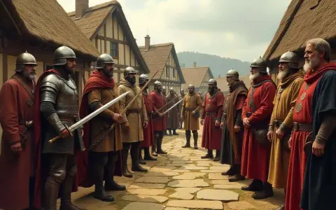 Männer in mittelalterlicher Kleidung und Rüstung stehen sich in einer Gasse gegenüber. Ein Blick in die Franken Geschichte.