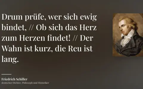 Gedicht von Friedrich Schiller: "Drum prüfe, wer sich ewig bindet..." neben einem Porträt des Dichters, inspiriert von Pappenheim.