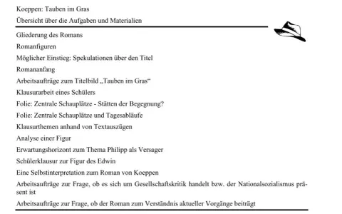 Koeppen: Tauben im Gras. Übersicht über Aufgaben und Materialien, Gliederung, Romanfiguren, Arbeitsaufträge zum Titelbild "Tauben im Gras", Klausurthemen, Analyse einer Figur.