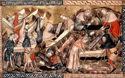 Mittelalterliche Illustration zeigt Menschen, die Särge tragen und Gräber ausheben. Dies erinnert an die Zeit, wann war die Pest in Europa, als Massengräber nötig waren.