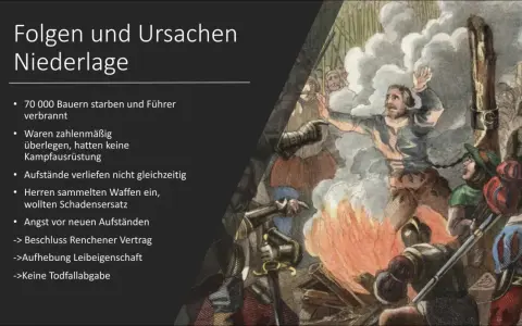 Ein Mann wird verbrannt, während Soldaten zusehen. Die Liste erklärt, wie endete der Bauernkrieg: 70.000 Bauern starben, Führer verbrannt, keine Ausrüstung, keine Einigkeit.