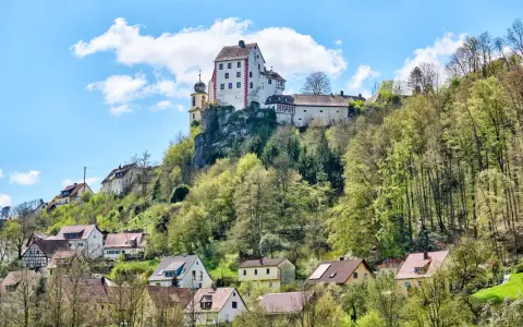 Burg und Dorf von Egloffstein thronen auf einem Felsen unter blauem Himmel mit Wolken.