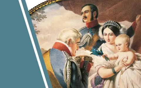 Victoria von Großbritannien und Irland mit Familie. Ein Mann überreicht ihr eine Schatulle, während Prinz Albert und ein Kind im Arm der Königin zu sehen sind.