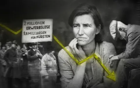 Eine Frau blickt besorgt, während eine Demonstration für Arbeitslose und gegen Fürsten stattfindet. Die Weltwirtschaftskrise war eine Zeit großer Not.