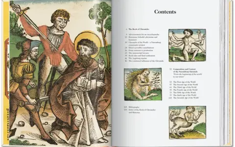 Altes Buch mit Holzschnitten, die eine Szene aus Hartmann Schedels Chronik zeigen. Der Inhalt listet Kapitel über die Weltchronik auf.