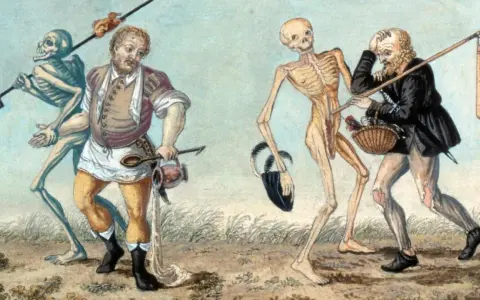Zwei Skelette führen zwei Männer durch ein Feld. Eine Darstellung von Krankheiten im Mittelalter, die eine düstere Liste von Leiden andeutet.