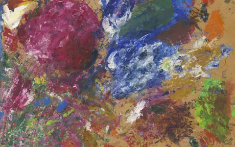 Abstrakte Farbexplosionen in Rot, Blau und Grün auf braunem Grund. Ein Werk von Hans Hofmann, das Energie und Bewegung ausstrahlt.
