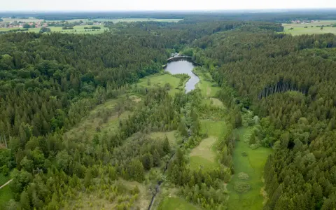 Luftaufnahme des Erdinger Mooses mit einem See und umliegenden Wäldern.