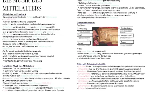 Mittelalterliche Musik: Gregorianischer Choral, Minnesang und Instrumente wie Fidel und Drehleier.