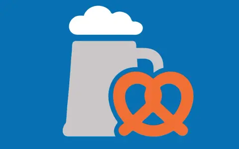 Ein Bierkrug mit Schaum und eine Brezel, Symbole für bayerische Regionen und Genuss.