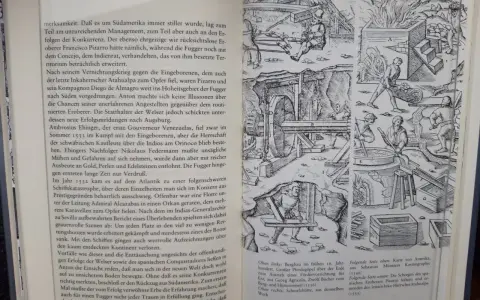 Holzschnitte zeigen Bergbau und Schmelzhütte, die mit dem Fugger Stammbaum und den Expeditionen der Welser in Südamerika verbunden sind.
