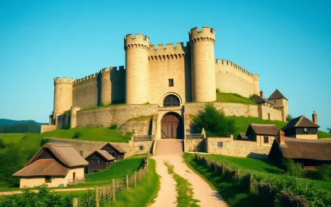 Majestätische **Burgen mittelalter** thronen auf grünen Hügeln, umgeben von kleinen Häusern und einem Weg, der zum Tor führt.