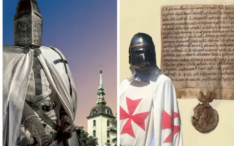 Ein deutscher Orden Ritter in voller Rüstung, mit einem Kreuz auf seinem Umhang, steht vor einer Kirche. Daneben ein Siegel und ein alter Text.