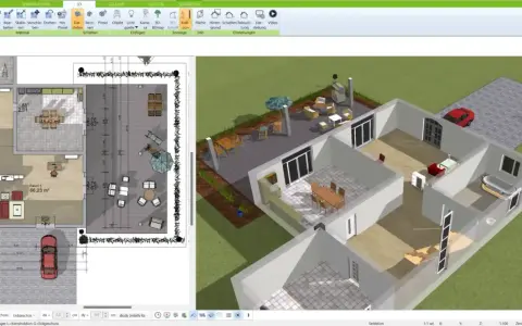 Grundriss eines alten Bauernhauses in 3D-Ansicht. Der Grundriss zeigt Räume, Terrasse und Garten.