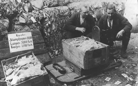Männer mit Geldkisten, die die deutsche Inflation 1914-1923 illustrieren. Ein Schild listet Preise für Papier, Lumpen und Knochen in Mark auf.