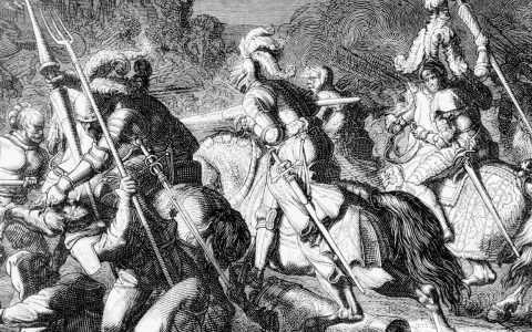Ritter im Kampf, eine Szene, die an den Bauernkrieg erinnert, wann war der Bauernkrieg? Die Darstellung zeigt eine Schlacht mit gepanzerten Reitern und Fußsoldaten.