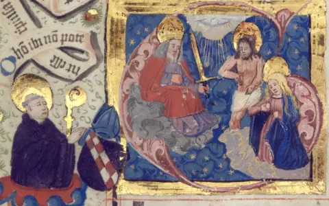 Detailreiche Buchmalerei Mittelalter: Gottvater mit Schwert, Christus, Maria und zwei Geistliche.