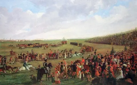 Festliche Menschenmenge und Pferde auf einer Wiese, die an das Oktoberfest 1810 erinnert.