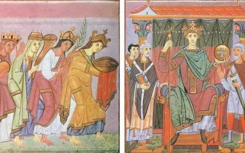 Könige und Königinnen, die Tribute bringen, symbolisieren die Bedeutung von Lehen und Herrschaft.