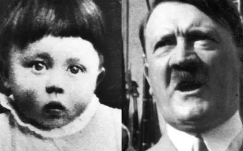 Links ein Baby, rechts ein Erwachsener mit Schnurrbart. Die Bilder zeigen die Entwicklung von Adolf Hitler von seiner Geburt bis zu seinem Erwachsenenalter.