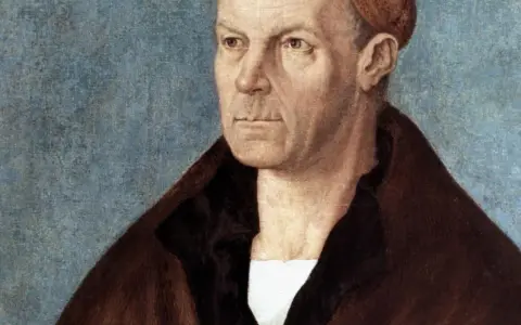 Porträt von Hans Fugger, einem wohlhabenden Kaufmann, mit ernstem Blick und braunem Mantel vor blauem Hintergrund.