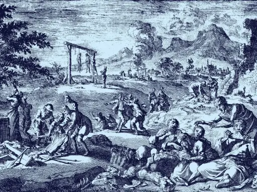 Eine düstere Szene zeigt die Verfolgung von Menschen, die als Hexen beschuldigt werden. Die Frage, wie viele Hexen wurden verbrannt, hallt in diesem Bild wider.
