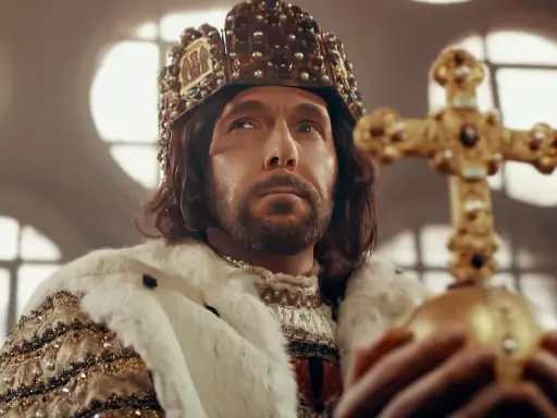 Ein König mit Krone und Hermelinmantel hält ein goldenes Reichsapfel-Kreuz. Er repräsentiert das Lehenswesen und die Macht.