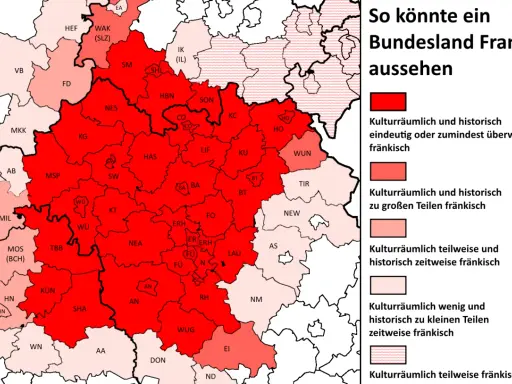 Karte von Franken mit farblich markierten Regionen und Legende.