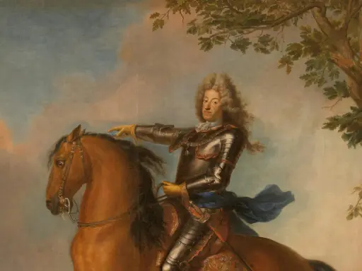 Maximilian II. Emanuel, Kurfürst von Bayern, in glänzender Rüstung auf braunem Pferd, blickt stolz in die Ferne.