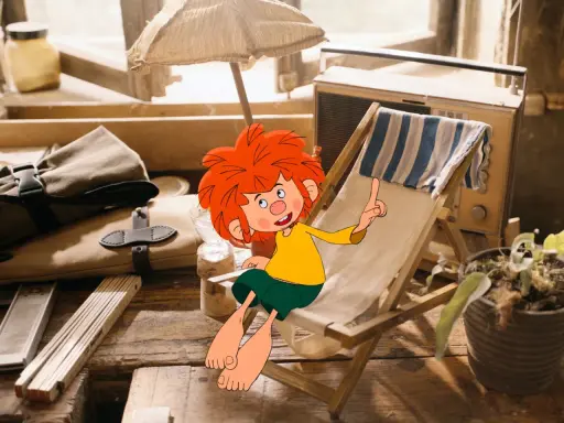 Der kleine Kobold Pumuckl sitzt auf einem Liegestuhl, die Sonne scheint. Ein altes Radio steht daneben.