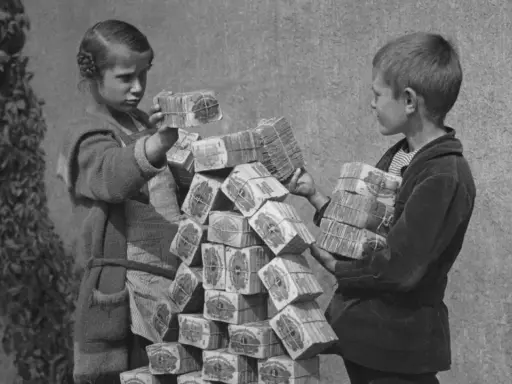 Kinder stapeln Bündel von Geldscheinen, ein Symbol für die Hyperinflation in Deutschland 1923.