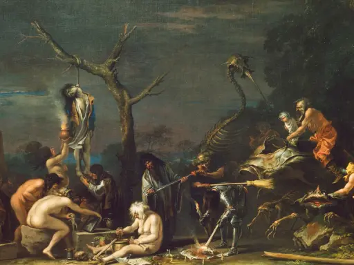Szene der Hexenverfolgung: Eine Person hängt an einem Baum, während andere Hexen und Dämonen bei einem Ritual agieren.