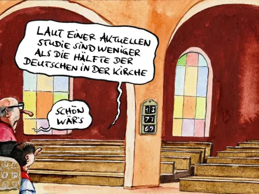 Ein Pfarrer und ein Kind in der Kirche. Der Pfarrer sagt: "Laut einer aktuellen Studie sind weniger als die Hälfte der Deutschen in der Kirche." Das Kind meint: "Schön wär's." Das ist doch mal Kabarett!